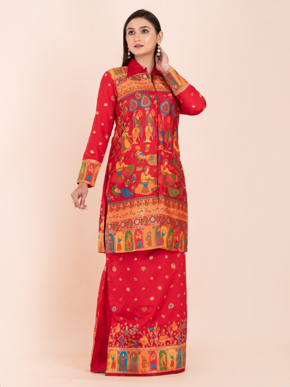 "Laalima Charm" – Tomato Red Baluchori Fusion Ensemble - Image 6