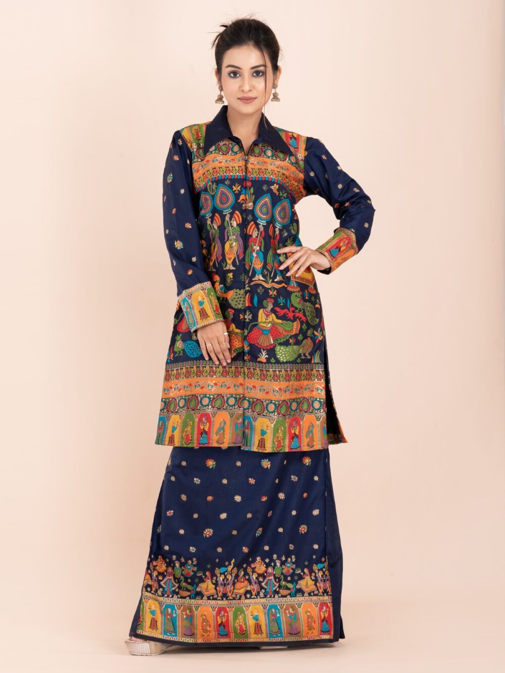 "Neelraga Elegance" – Navy Blue Baluchori Fusion Set