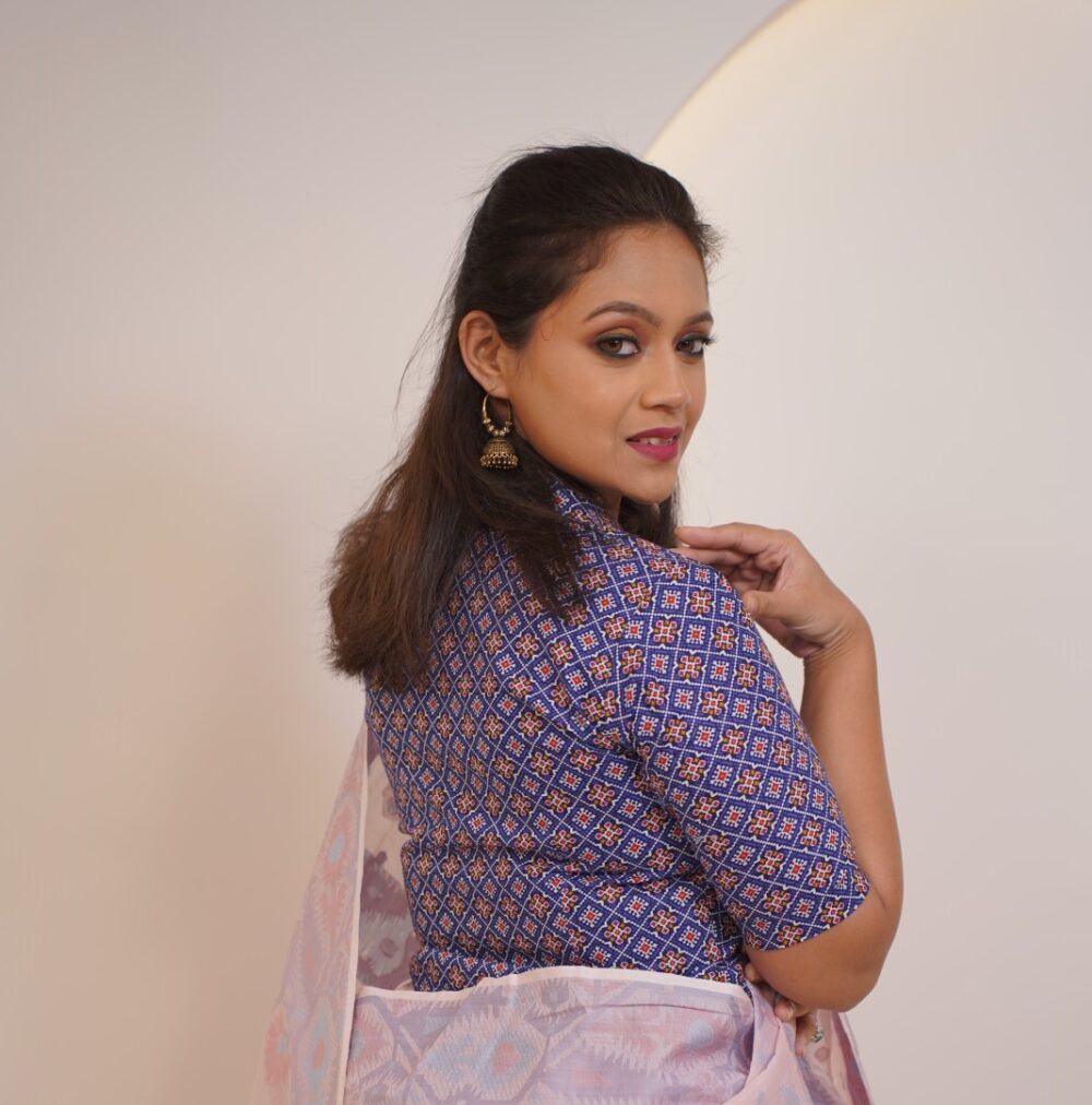 Blue Pure Cotton Printed Corporate Jacket Blouse (Smart-Fit, Zip-Front, Shirt Collar Long-Length Blouse) - Image 2
