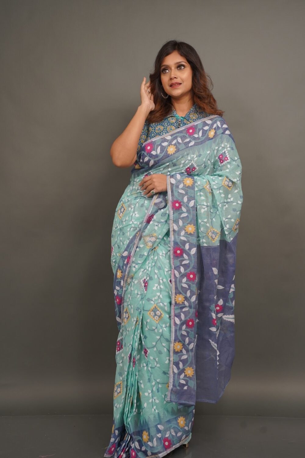 Mint and Blue Handwoven Jaamdani Insta-Saree with Attached Petticoat” (Ready-to-Drape 2-Piece Skirt Style Insta-Saree)