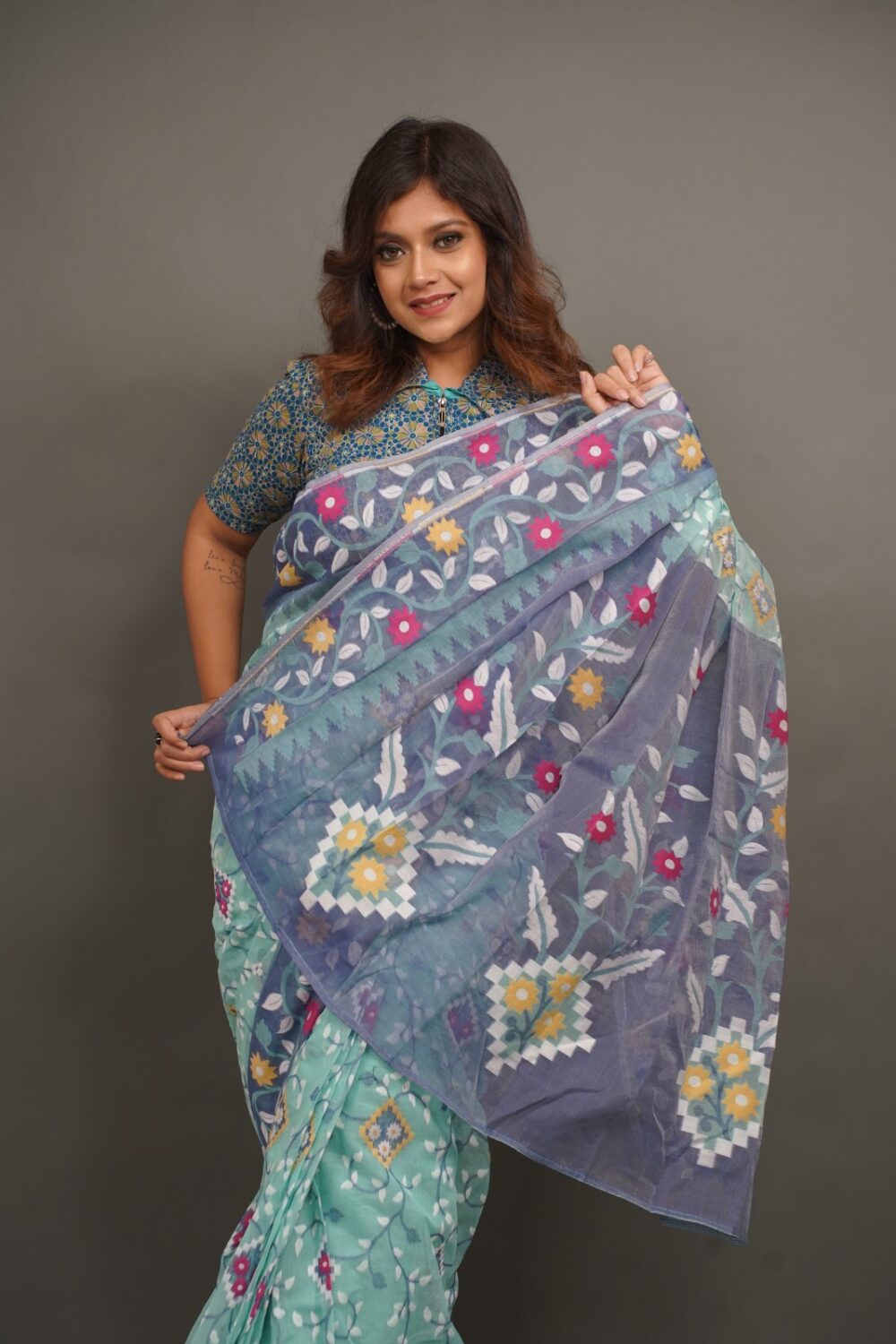 Mint and Blue Handwoven Jaamdani Insta-Saree with Attached Petticoat” (Ready-to-Drape 2-Piece Skirt Style Insta-Saree) - Image 2