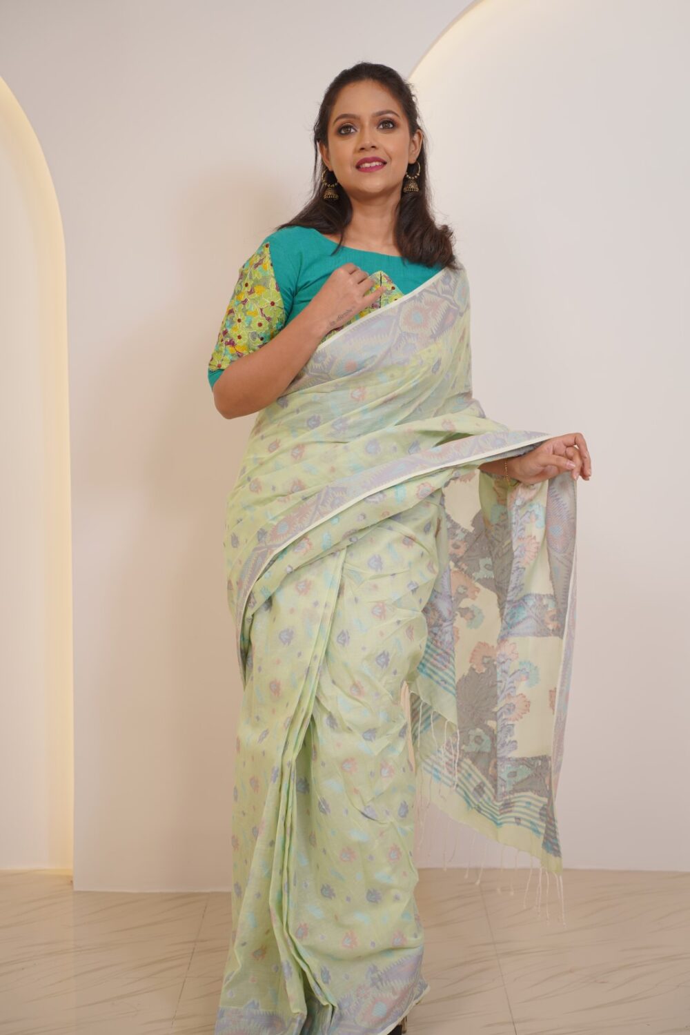 Mint Bliss Insta-Saree – Pure Cotton Handwoven Khadi Jamdani with Attached Petticoat (Ready to Wear)