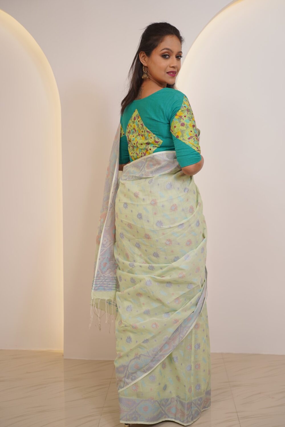 Mint Bliss Insta-Saree – Pure Cotton Handwoven Khadi Jamdani with Attached Petticoat (Ready to Wear) - Image 4