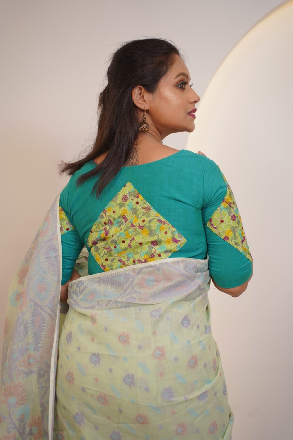 Mint Bliss Insta-Saree – Pure Cotton Handwoven Khadi Jamdani with Attached Petticoat (Ready to Wear) - Image 5