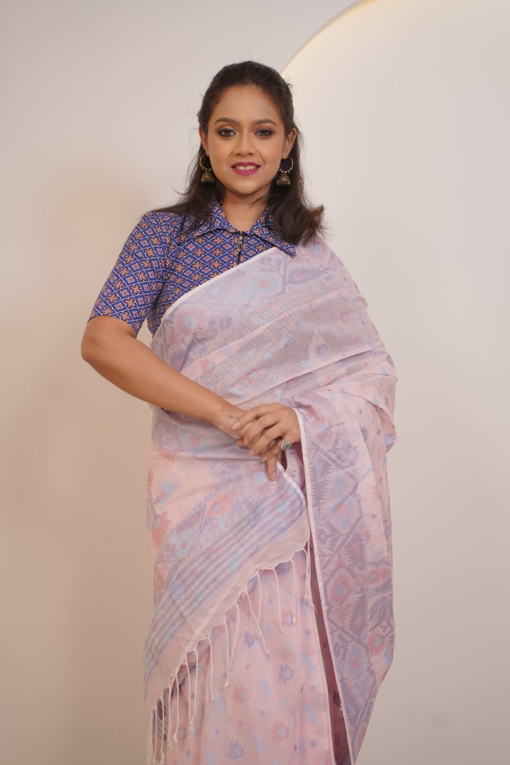 Baby Pink  Insta-Saree – Pure Cotton Handwoven Khadi Jamdani with Attached Petticoat (Ready to Wear) - Image 2