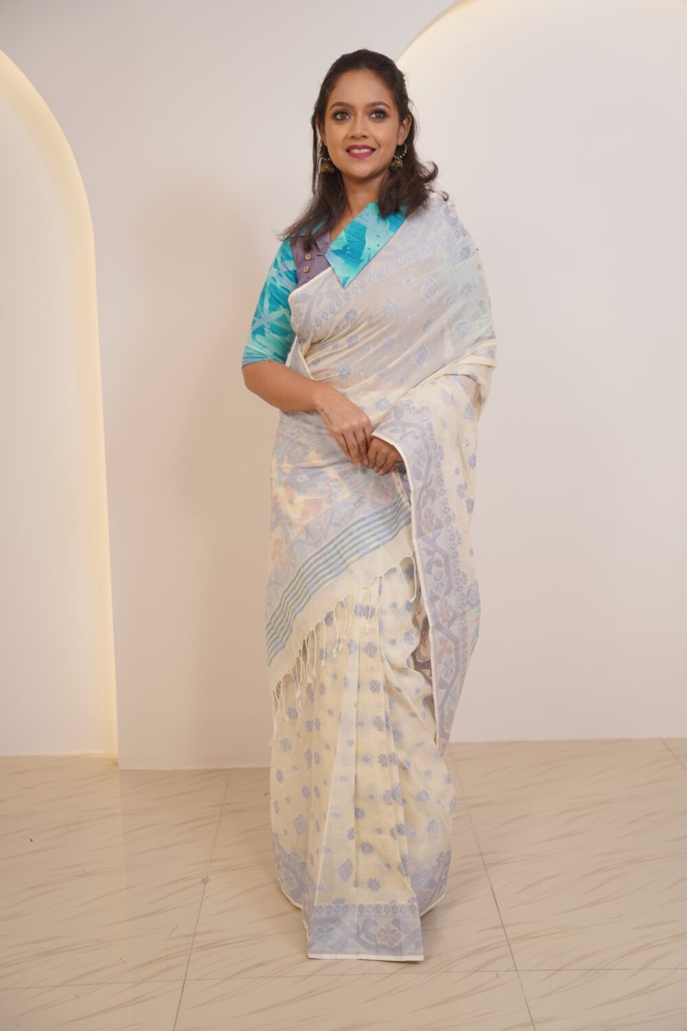 Off White  Insta-Saree – Pure Cotton Handwoven Khadi Jamdani with Attached Petticoa