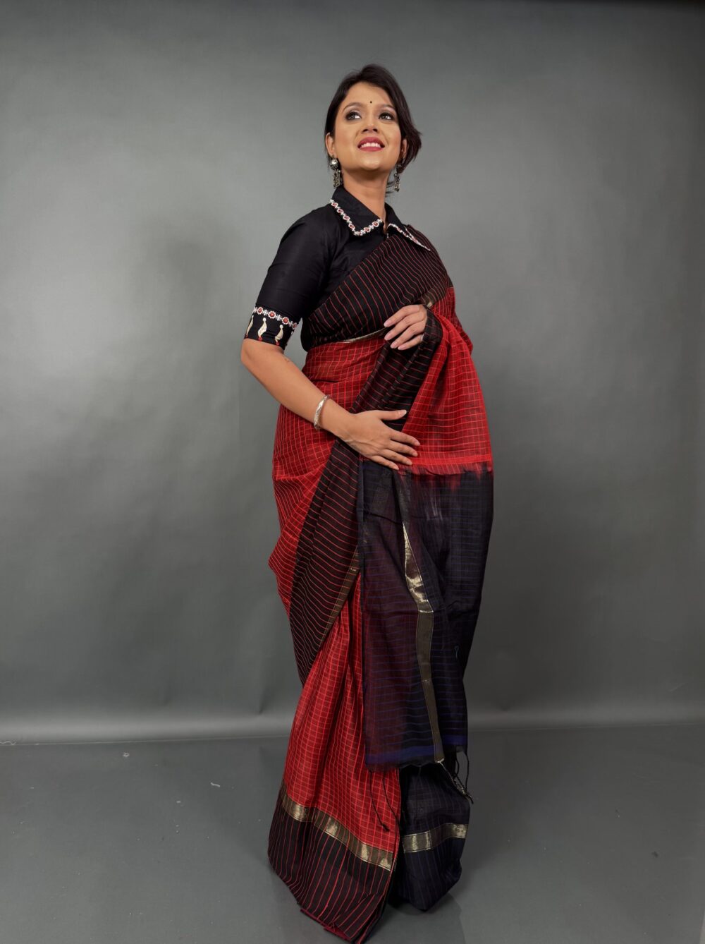 Rang-Kaaj – Silk-Cotton Insta-Saree in Maroon, Navy & Black Self-Check Weave