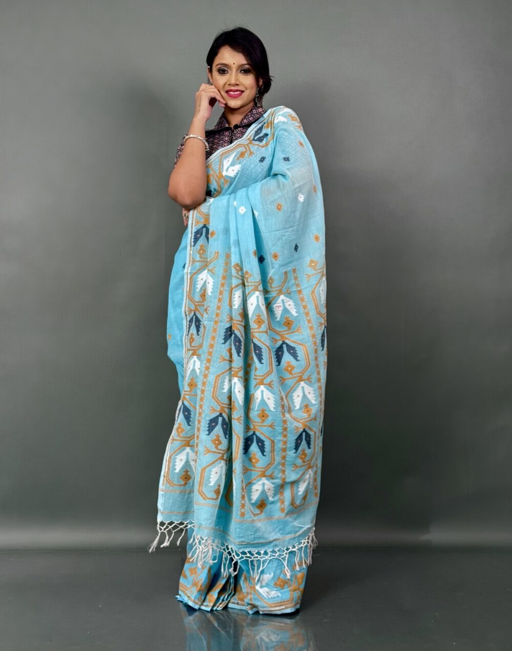 Neer-Taru – Mint Khadi Insta-Saree with Mustard & Grey Handwoven Accents - Image 2