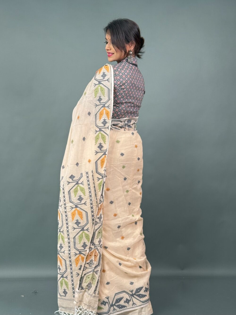 Kshir-Taru – Cream Khadi Insta-Saree with Mustard, Green & Grey Buti Weaving - Image 2