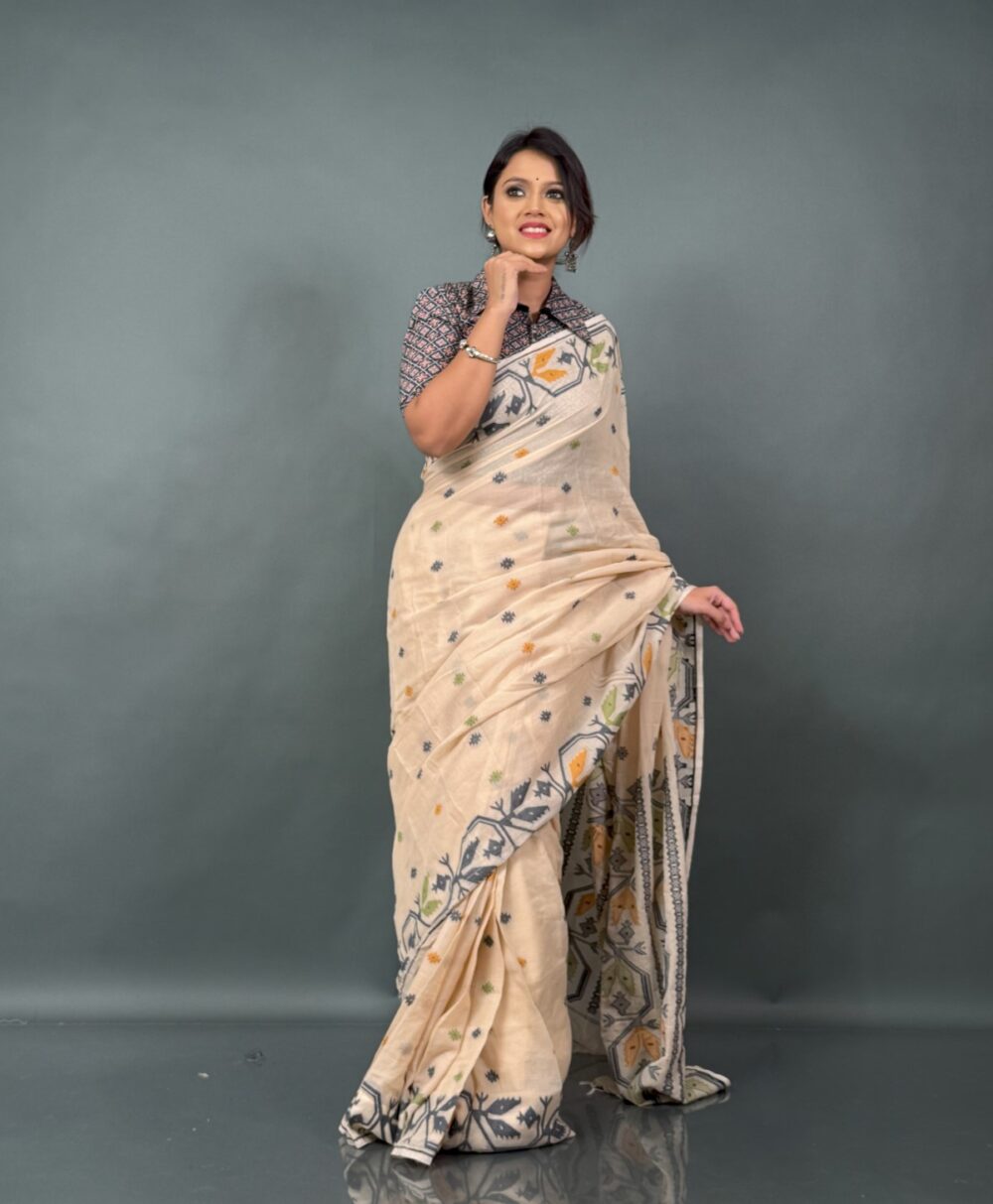 Kshir-Taru – Cream Khadi Insta-Saree with Mustard, Green & Grey Buti Weaving - Image 4