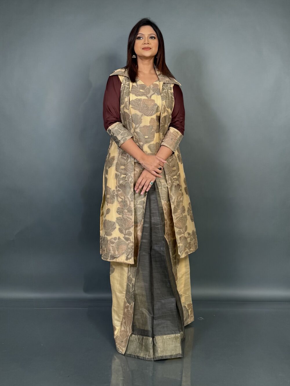 Tussar Bliss – Handwoven Khadi Cotton Fusion Dress with Floral Weaving