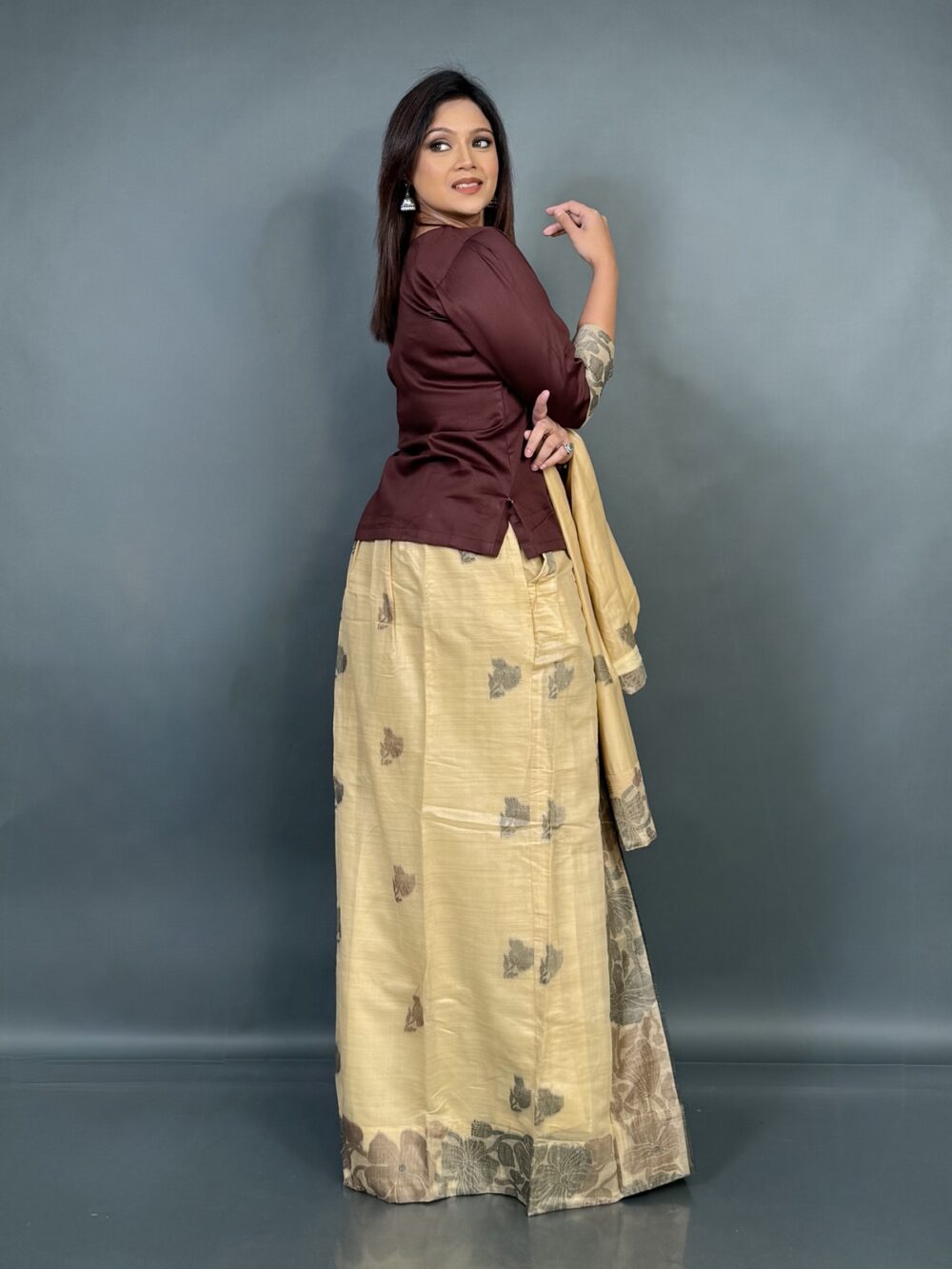 Tussar Bliss – Handwoven Khadi Cotton Fusion Dress with Floral Weaving - Image 6