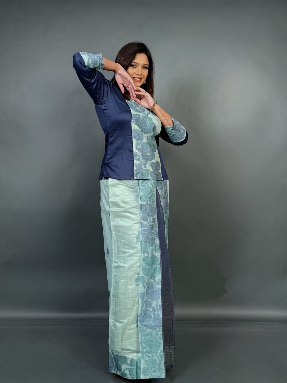 Summer Bloom–Mint Cotton Tussar Fusion Dress with Hand Weaving - Image 7
