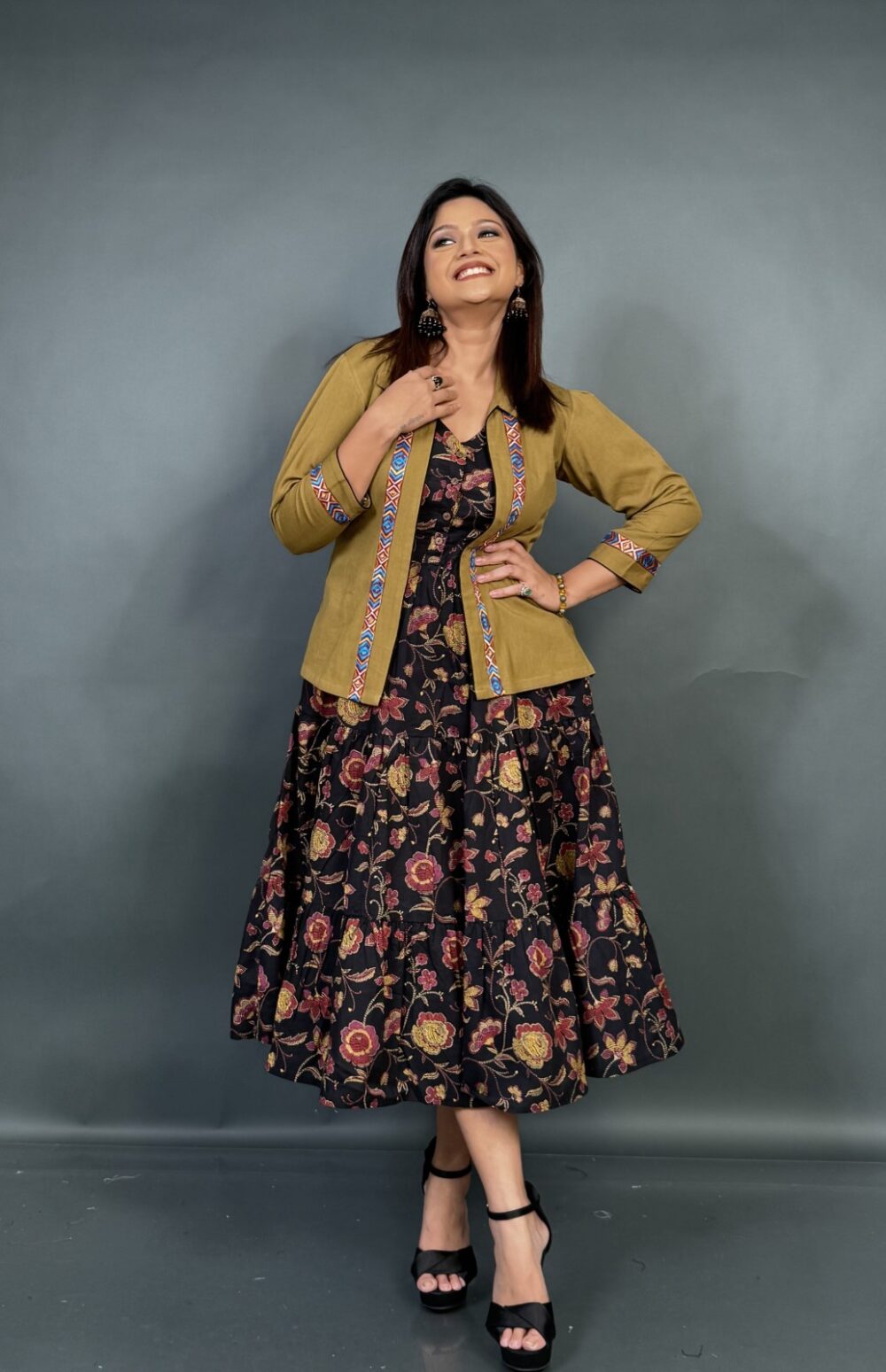 Mustard Muse – Black Printed Frill Dress with Embroidered Short Jacket - Image 3