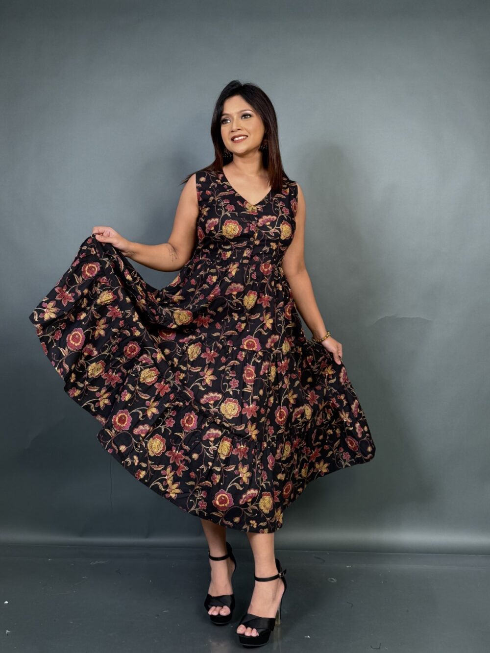 Mustard Muse – Black Printed Frill Dress with Embroidered Short Jacket - Image 8