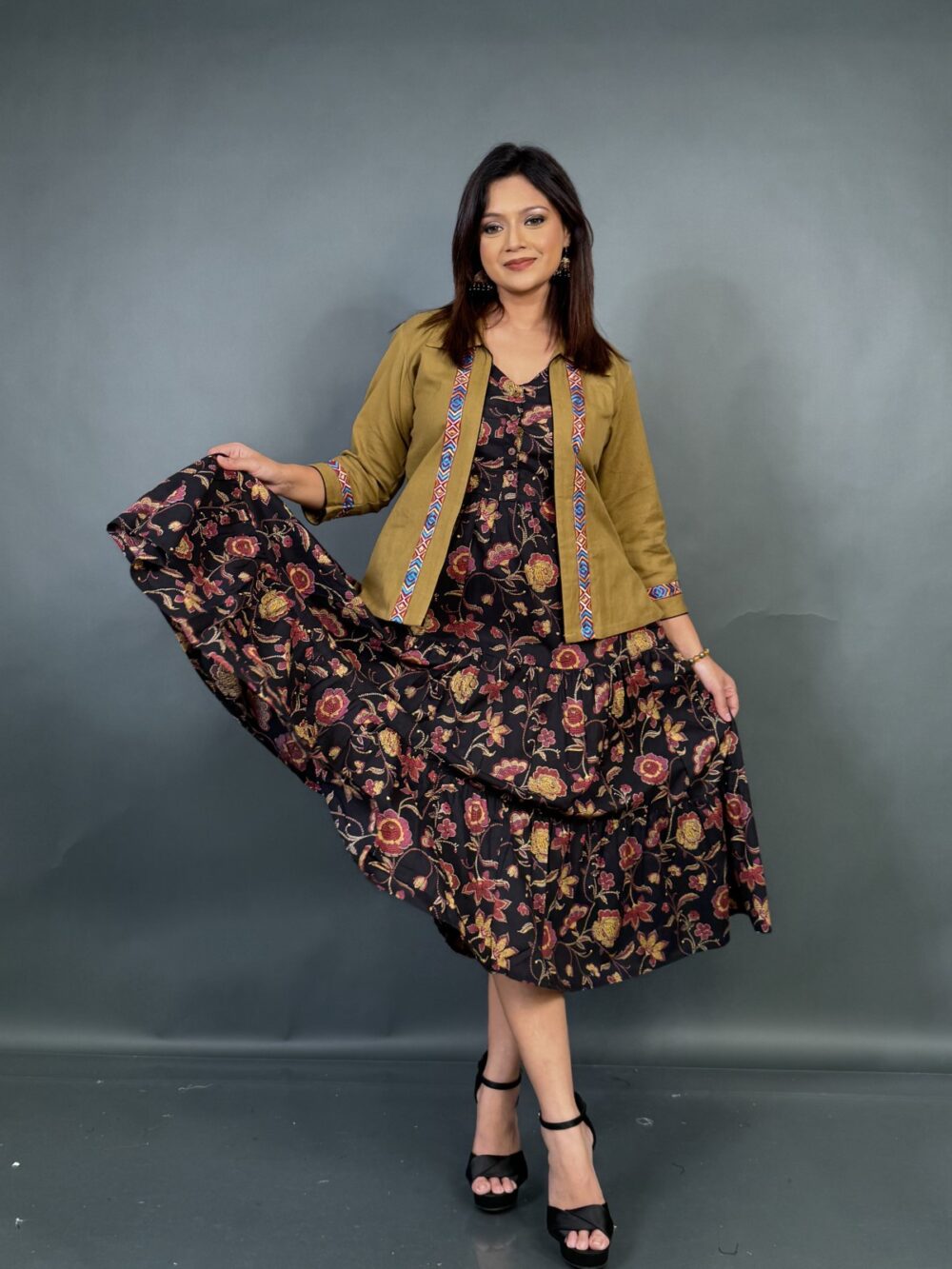 Mustard Muse – Black Printed Frill Dress with Embroidered Short Jacket