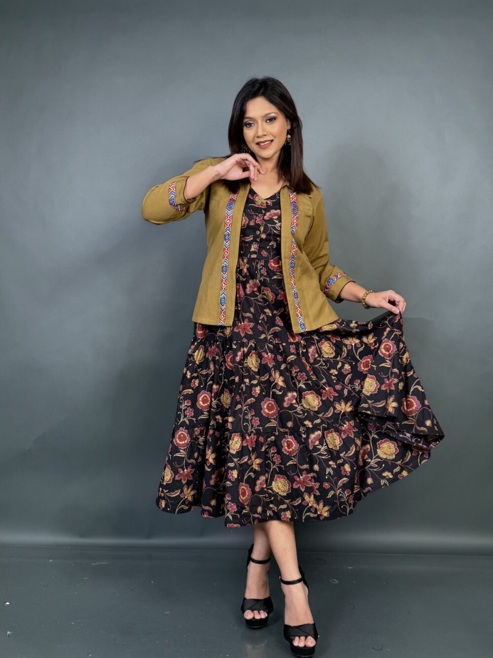 Mustard Muse – Black Printed Frill Dress with Embroidered Short Jacket - Image 4