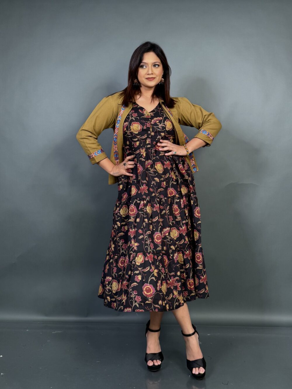 Mustard Muse – Black Printed Frill Dress with Embroidered Short Jacket - Image 5