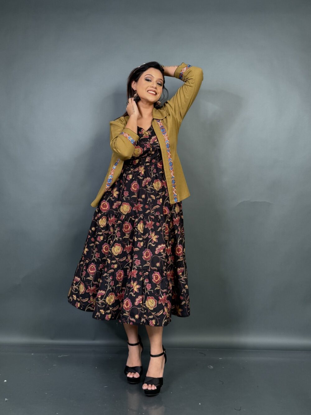 Mustard Muse – Black Printed Frill Dress with Embroidered Short Jacket - Image 6