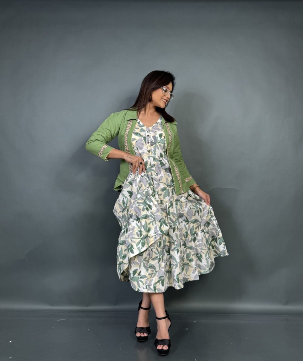 Pista Grace – Green Printed Frill Dress with Embroidered Short Jacket - Image 2