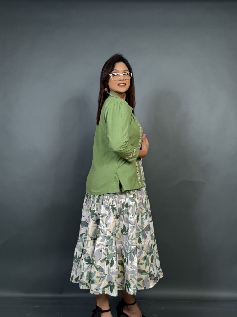 Pista Grace – Green Printed Frill Dress with Embroidered Short Jacket - Image 4