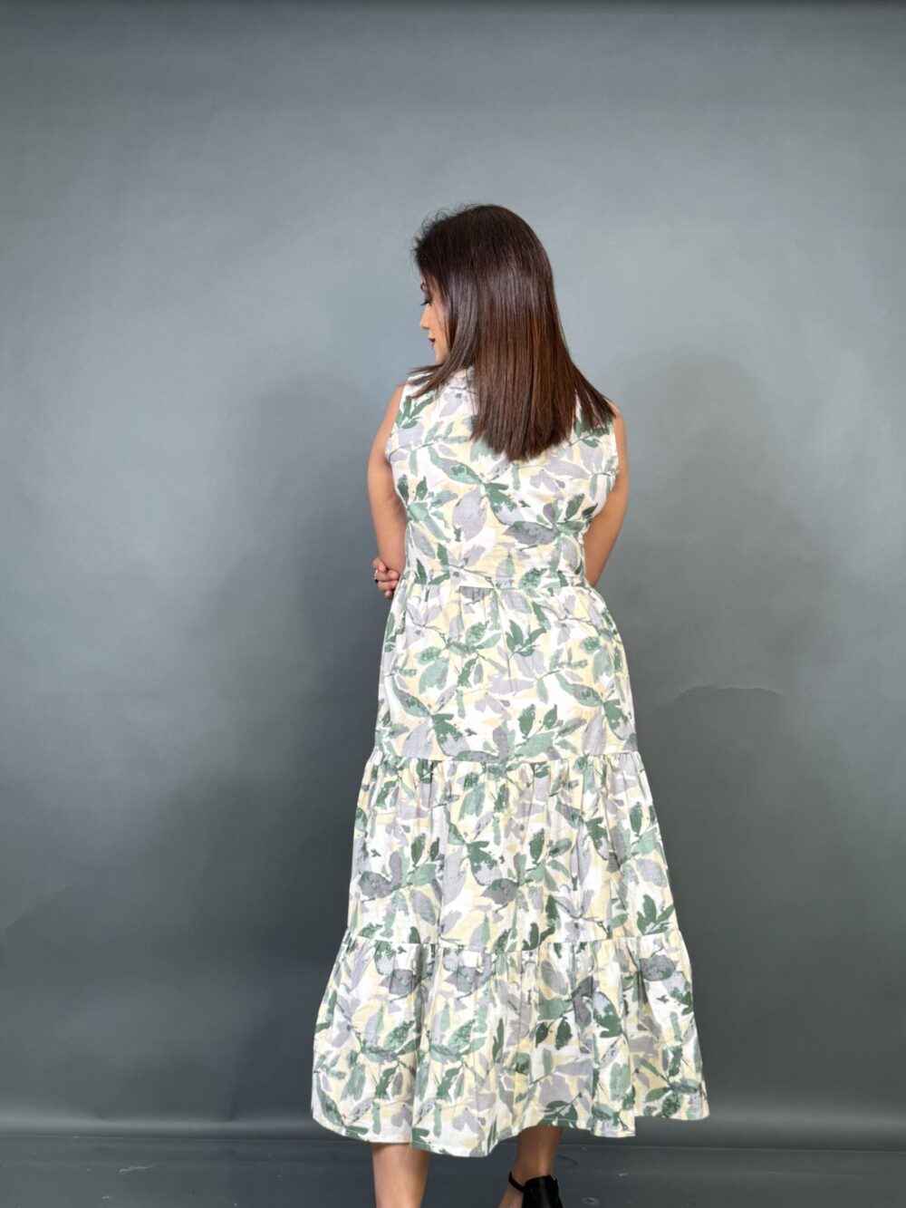 Pista Grace – Green Printed Frill Dress with Embroidered Short Jacket - Image 6