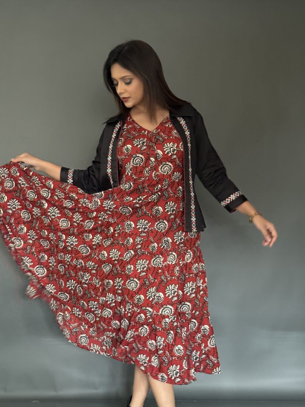 Rust Radiance – Maroon Frill Cotton Dress with Black Embroidered Short Jacket - Image 2
