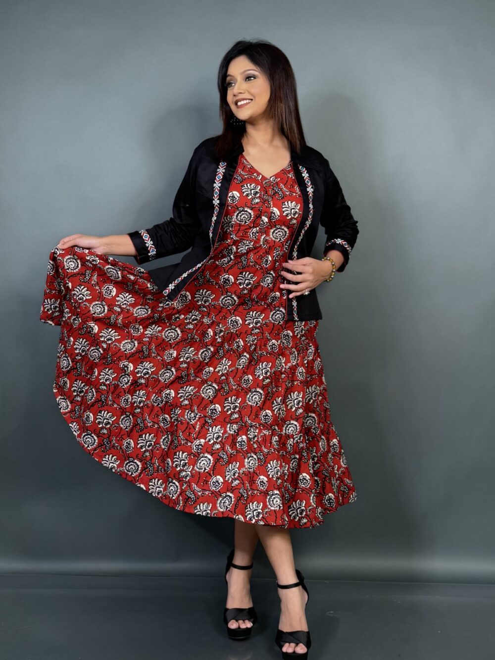 Rust Radiance – Maroon Frill Cotton Dress with Black Embroidered Short Jacket