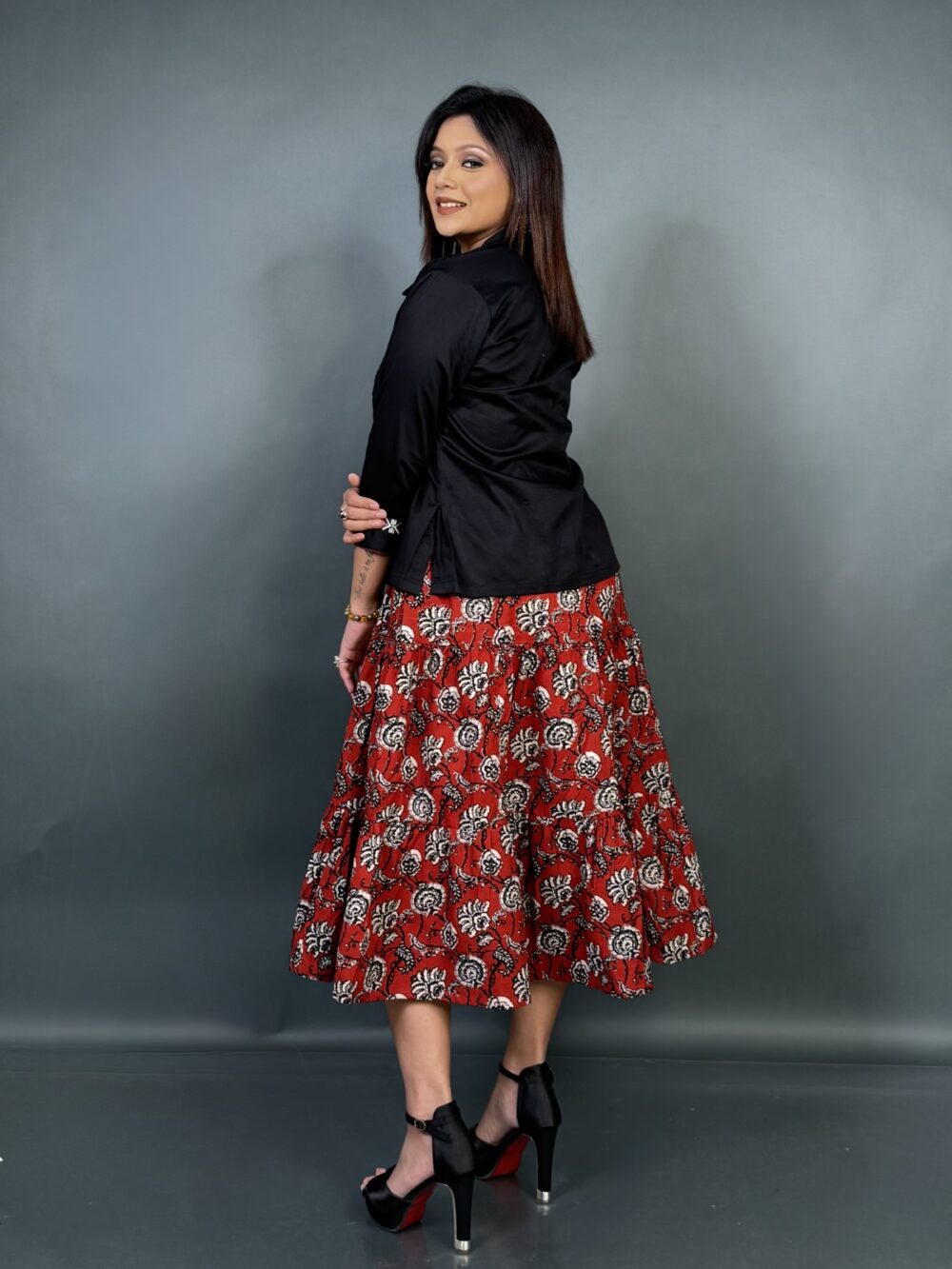 Rust Radiance – Maroon Frill Cotton Dress with Black Embroidered Short Jacket - Image 4