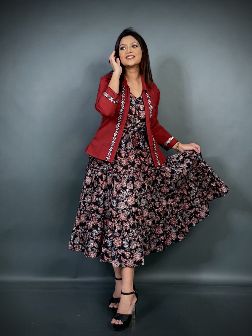 Black Glow–Cotton Frill Frock with Maroon Jacket