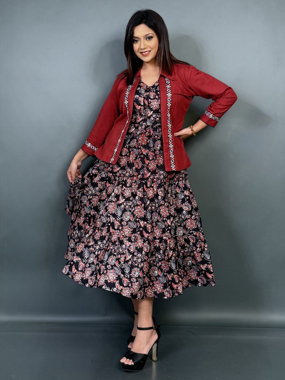 Black Glow–Cotton Frill Frock with Maroon Jacket - Image 3