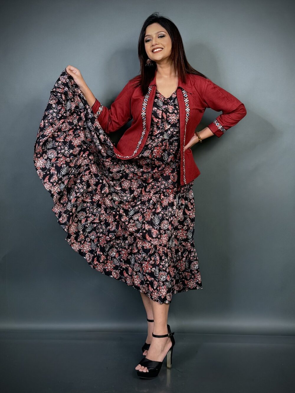 Black Glow–Cotton Frill Frock with Maroon Jacket - Image 4