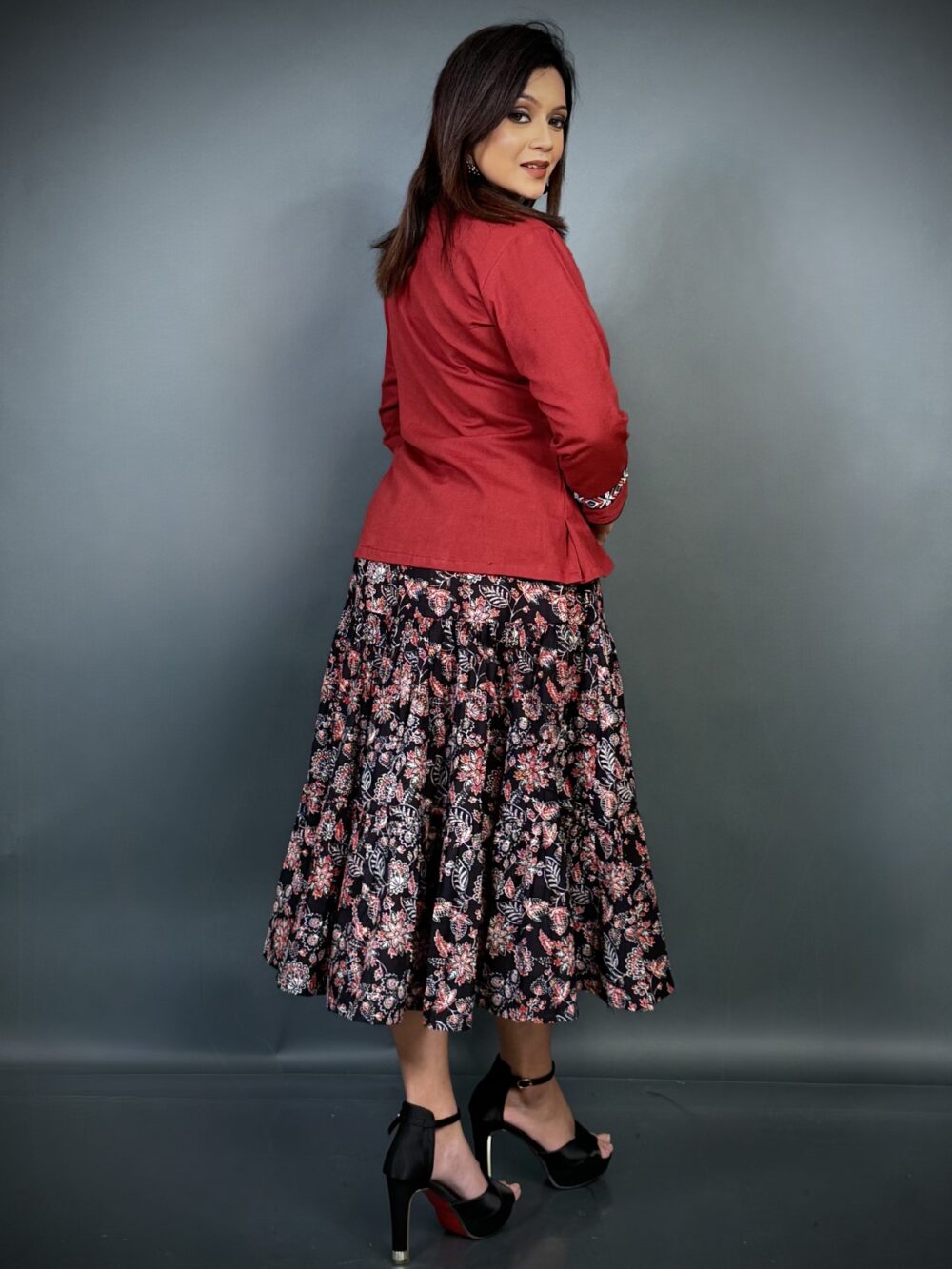 Black Glow–Cotton Frill Frock with Maroon Jacket - Image 5