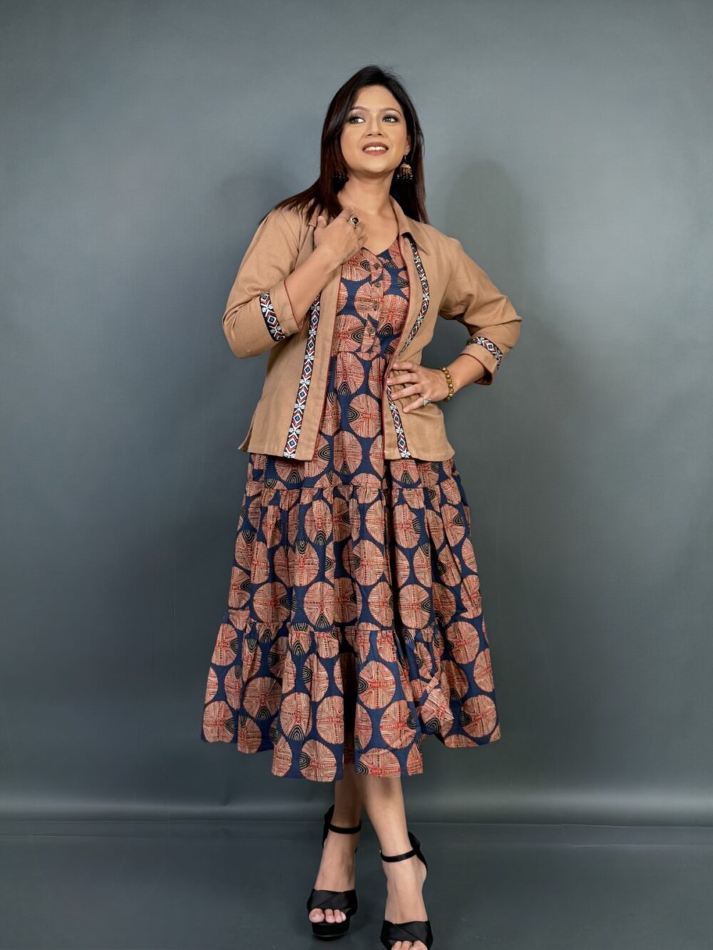 Navy Blue Frill Cotton Dress with Beige Embroidered Short Jacket