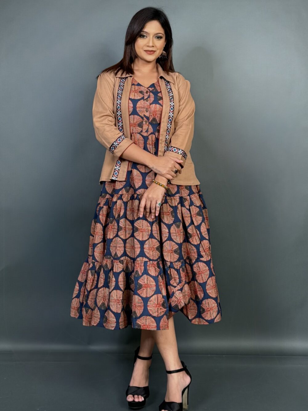 Navy Blue Frill Cotton Dress with Beige Embroidered Short Jacket - Image 2