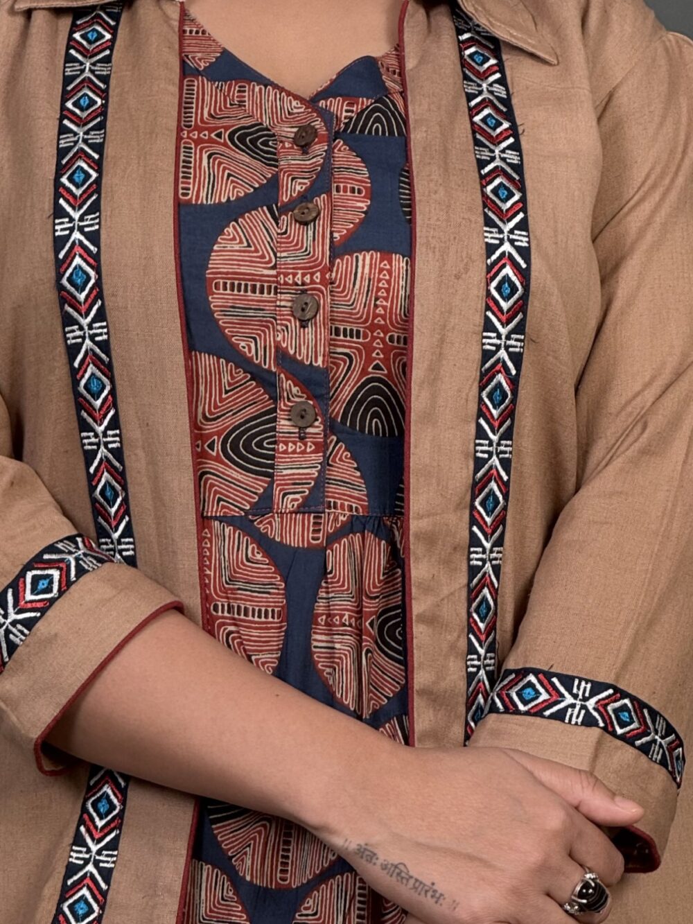 Navy Blue Frill Cotton Dress with Beige Embroidered Short Jacket - Image 3