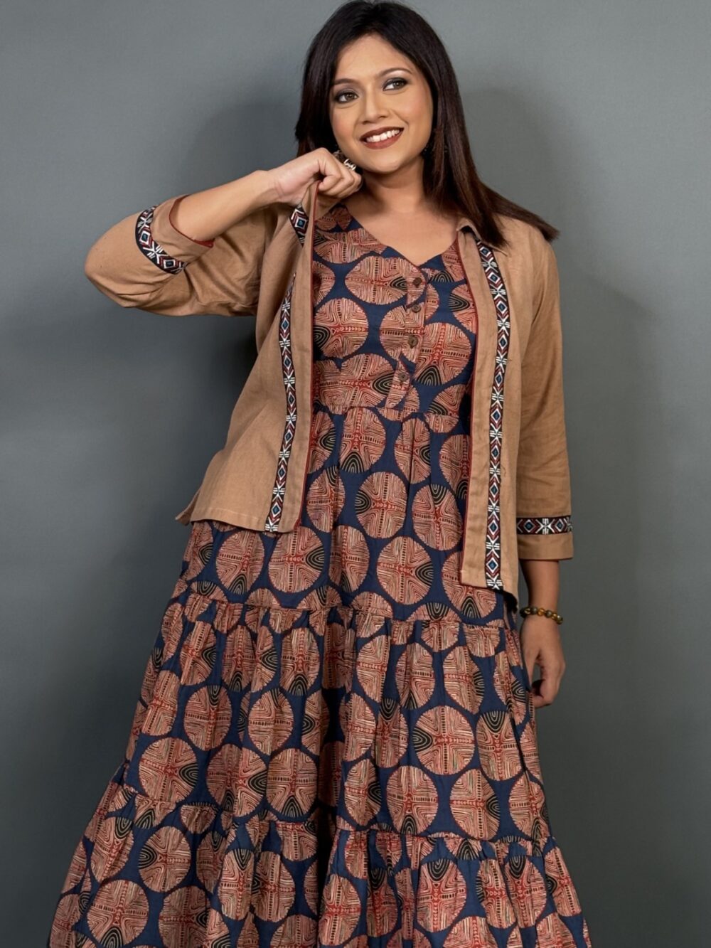 Navy Blue Frill Cotton Dress with Beige Embroidered Short Jacket - Image 5