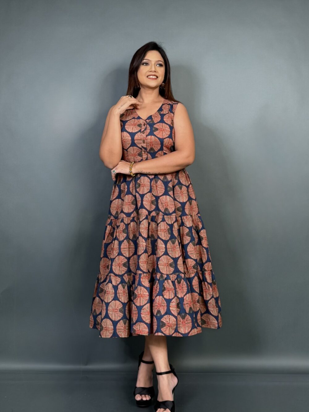 Navy Blue Frill Cotton Dress with Beige Embroidered Short Jacket - Image 6