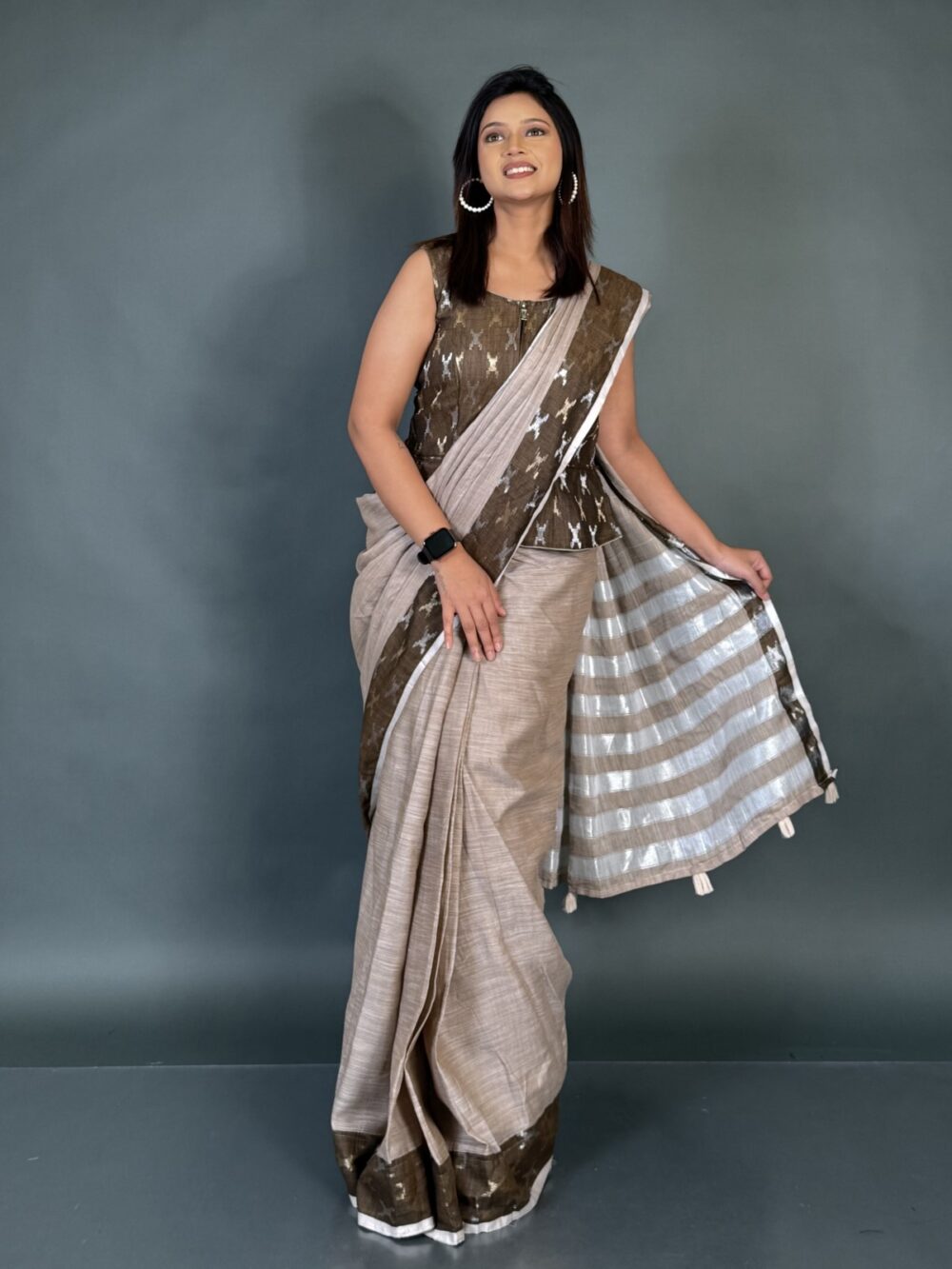 Beige Brown Linen-musline Insta-Saree with V-cut sleeveless attached blouse