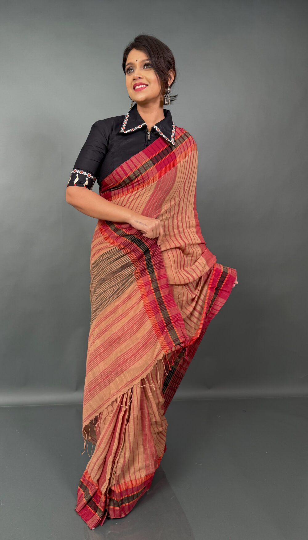 Aamros – Peach & Maroon Handloom Insta-Saree with Gamcha Stripes - Image 2