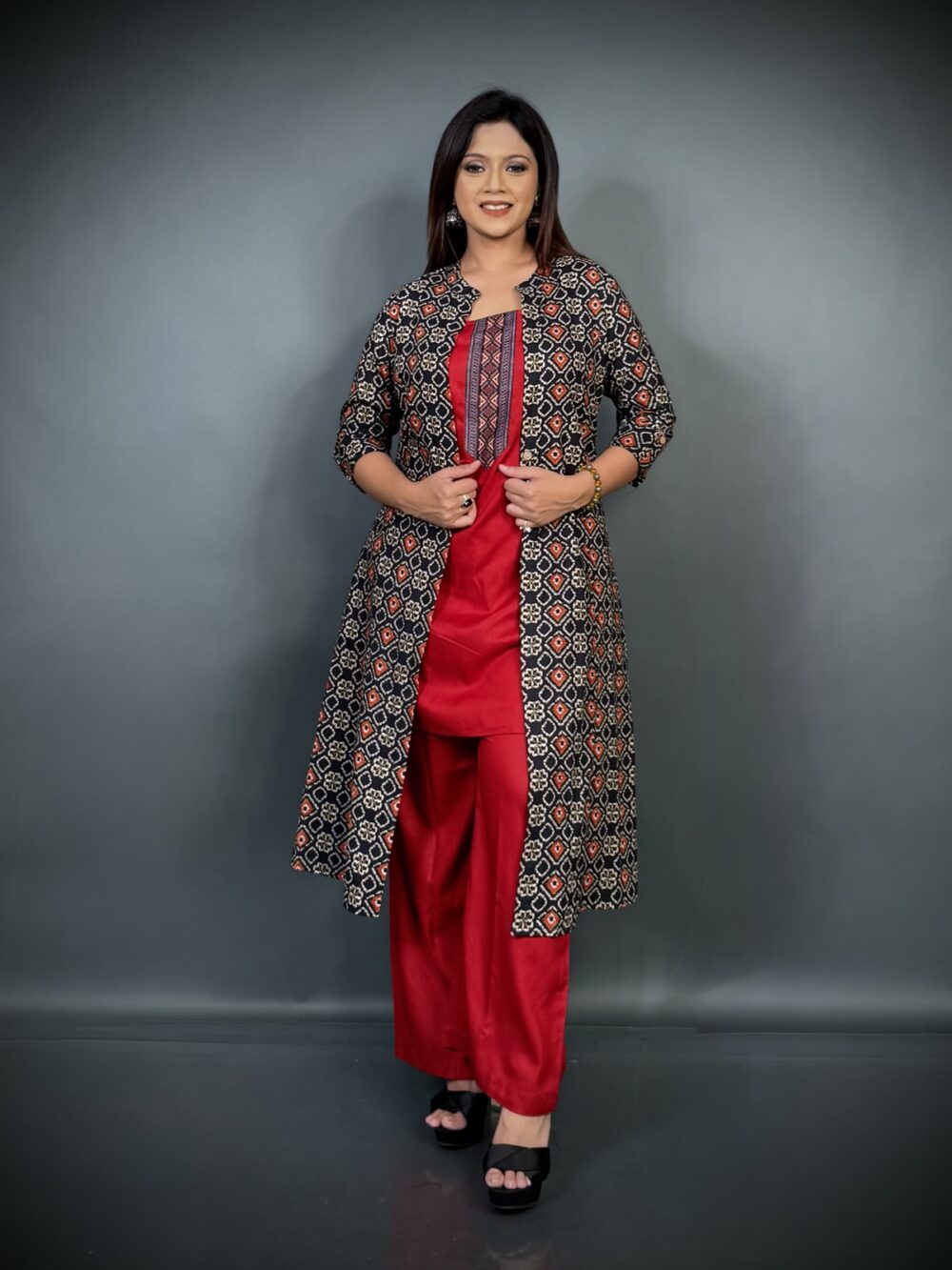 Maroon Mystique – Ajrakh Print Co-ord Set with Achkan Layer