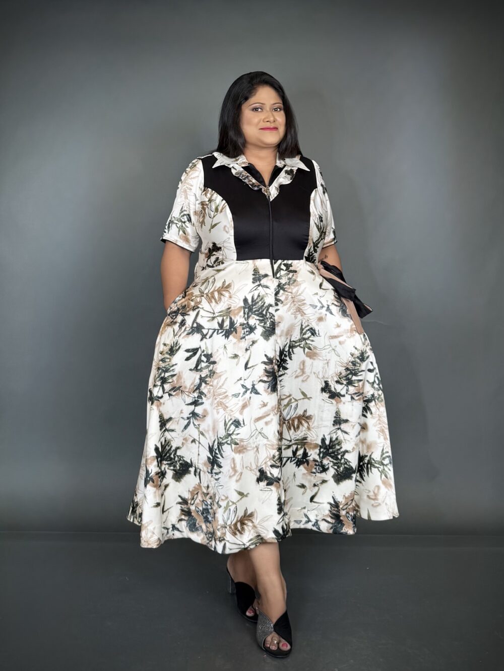 Chic Off-White & Black Indo-Western Satin Crepe Dress
