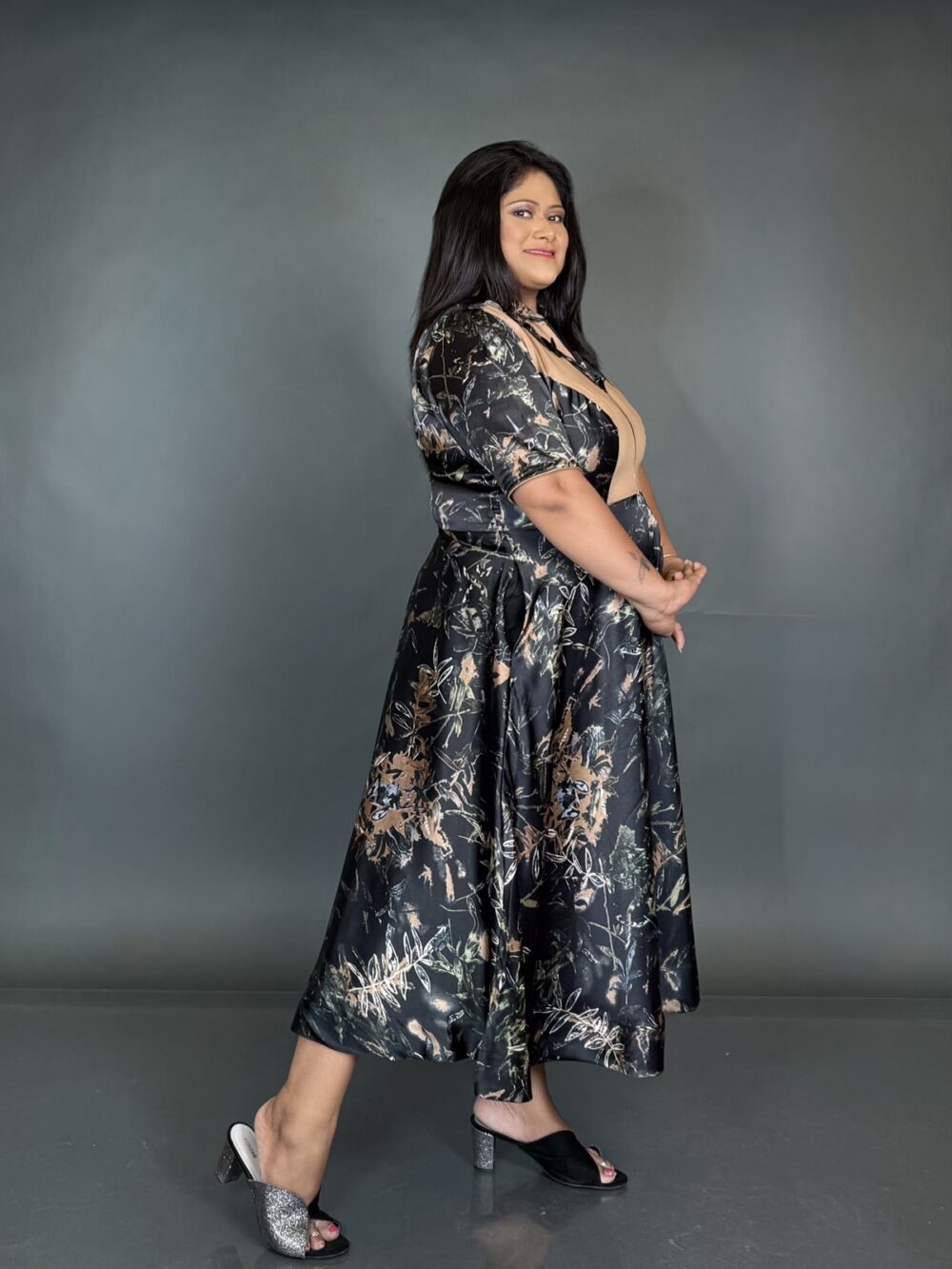 Elegant Beige & Black Satin Crepe Indo-Western Dress - Image 2