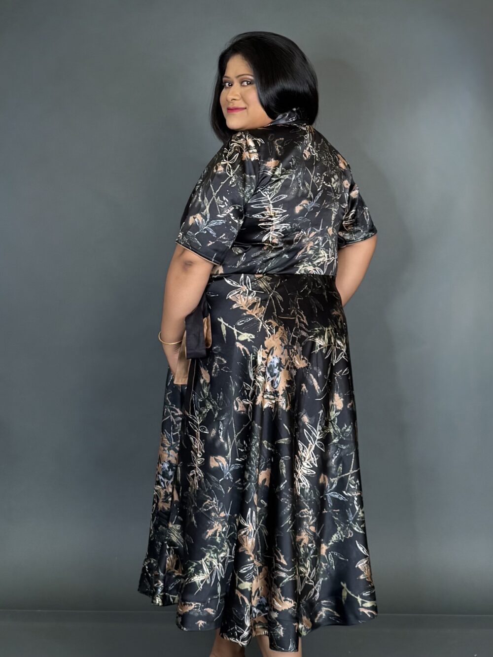 Elegant Beige & Black Satin Crepe Indo-Western Dress - Image 3
