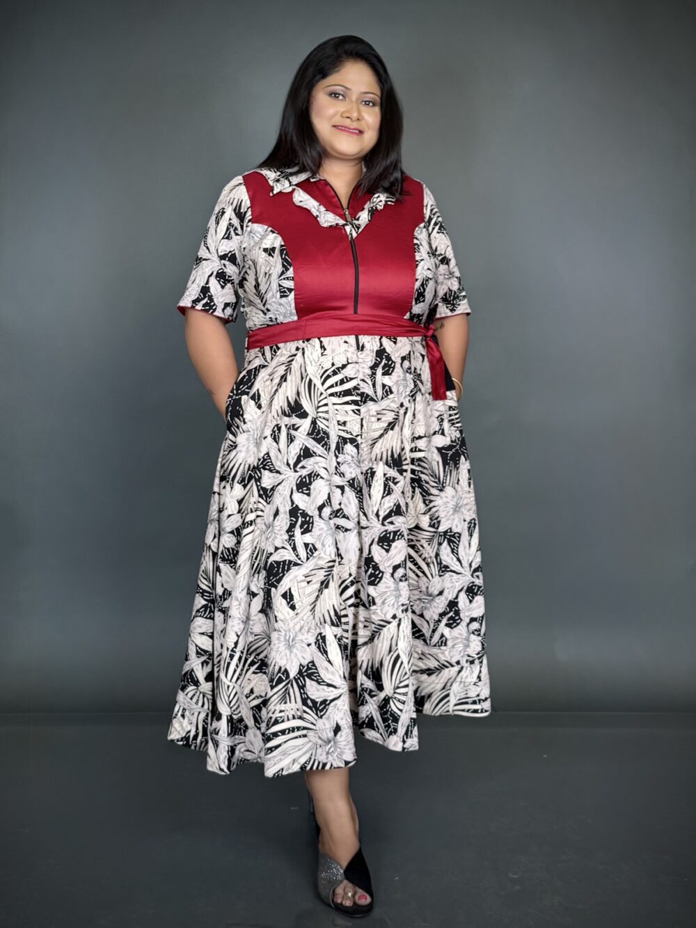 Stylish Off-White & Maroon Satin Crepe Dress