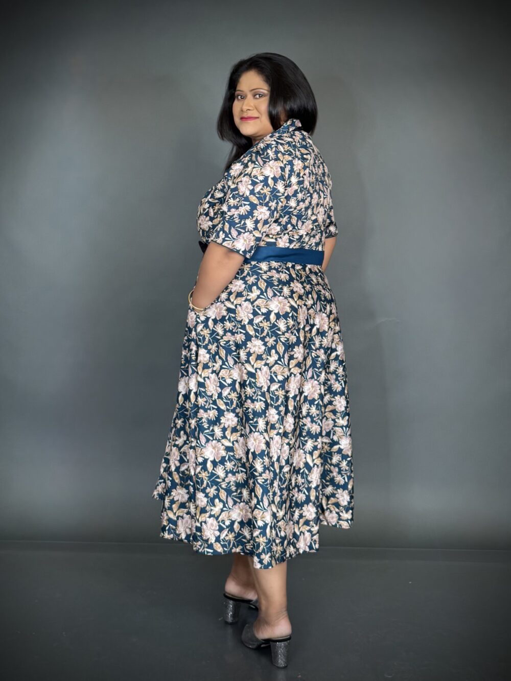Peacock Blue & Beige Printed Satin Crepe Indo-Western Dress - Image 2