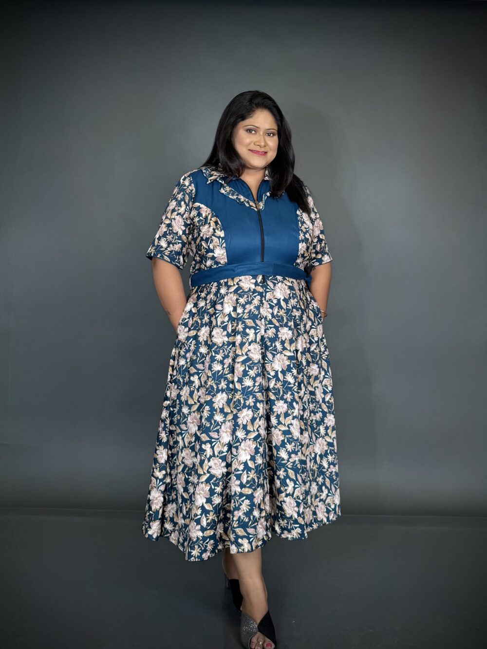 Peacock Blue & Beige Printed Satin Crepe Indo-Western Dress