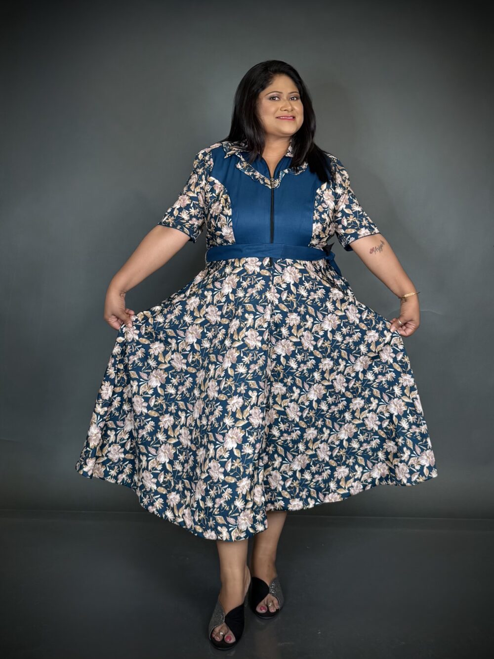 Peacock Blue & Beige Printed Satin Crepe Indo-Western Dress - Image 3