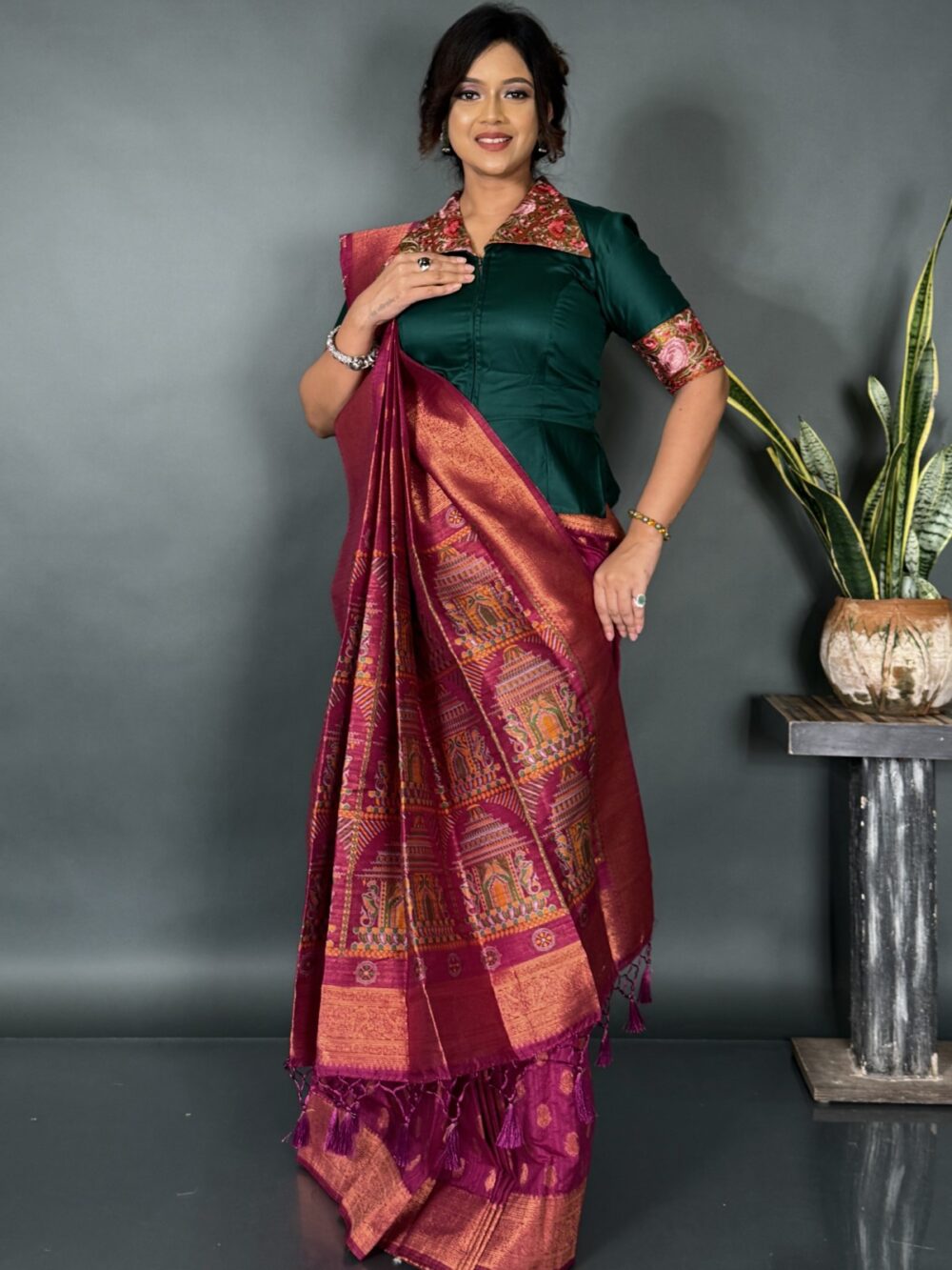Luxury Elegance Wine Banarasi Ready-to-Wear Saree