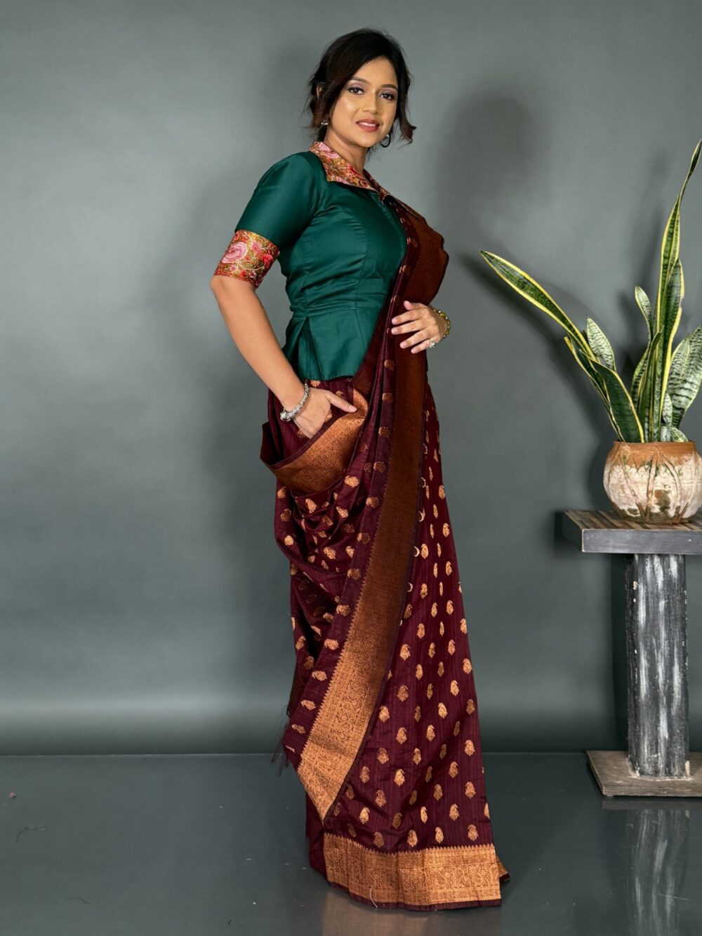 Royal Cocoa – Luxe Benarasi Ready-to-Wear Saree - Image 2
